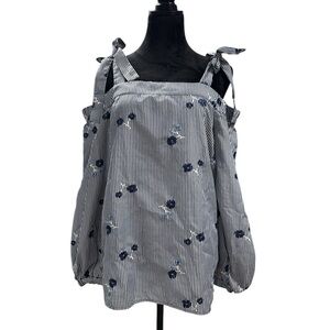 Michael Michael Kors Stripe Floral Embroidered Cold Shoulder Blouse Tie Straps M